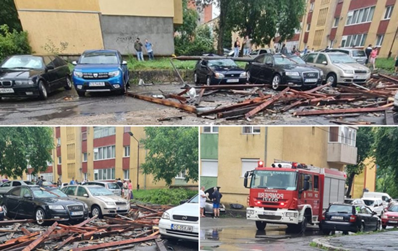 Furtuna și ploile torențiale au făcut ravagii în Caraș-Severin. La Reșița, vântul a smuls acoperișul unui bloc