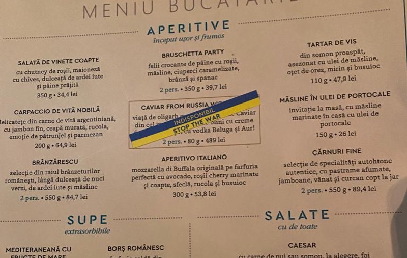 Un restaurant românesc a scos caviarul rusesc din meniu: „Indisponibil. Stop the war”