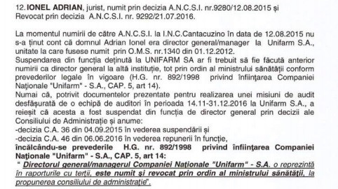 Fragment din raportul de audit care face referire la Adrian Ionel