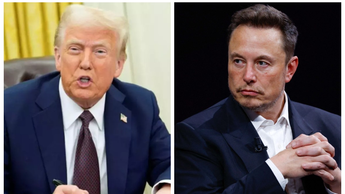 În partea dreaptă este Donald Trump, în costum albastru închis și cămașă albă, iar în dreapta este Elon Musk, în costum negru și cămașă albă
