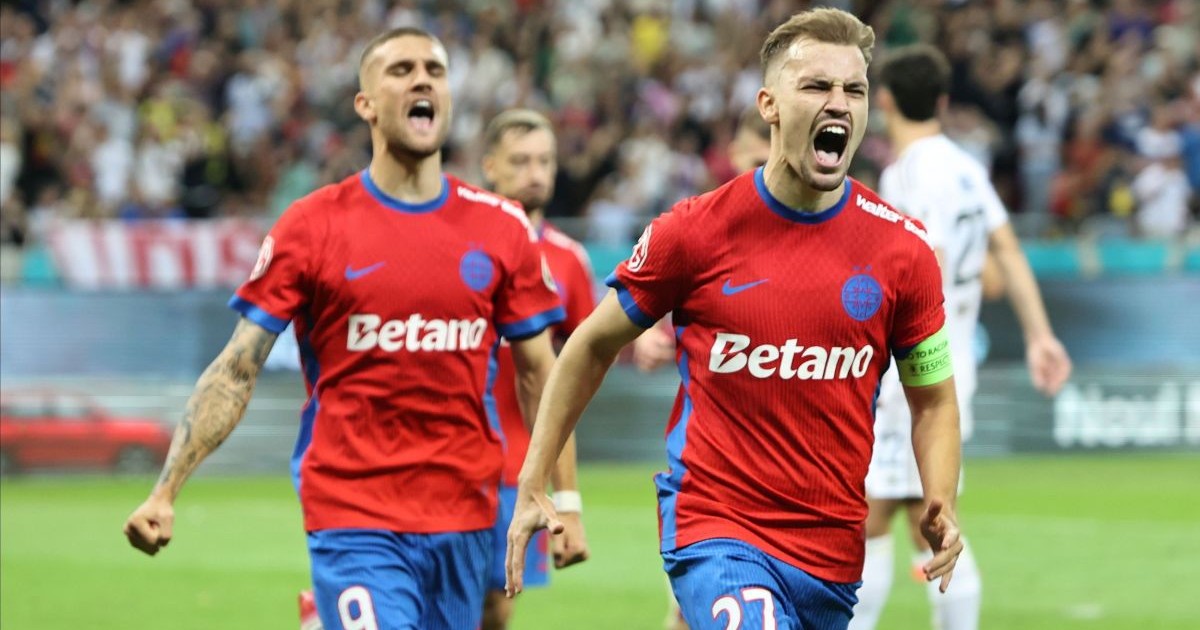 Darius Dumitru Olaru se bucura dupa un gol marcat in meciul de fotbal dintre FCSB si FC Aberdeen, contand pentru Play-Off UEFA Europa League, desfasurat la Arena Nationala din Bucuresti, joi 28 august 2025. © FOTO:Gheorghe Fluster/SPORT PICTURES