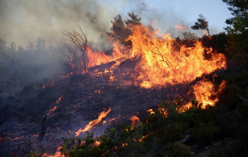Zeci de pompieri, ajutaţi de 17 avioane de stingere, intervin la un un nou incendiu de vegetatie lângă Atena