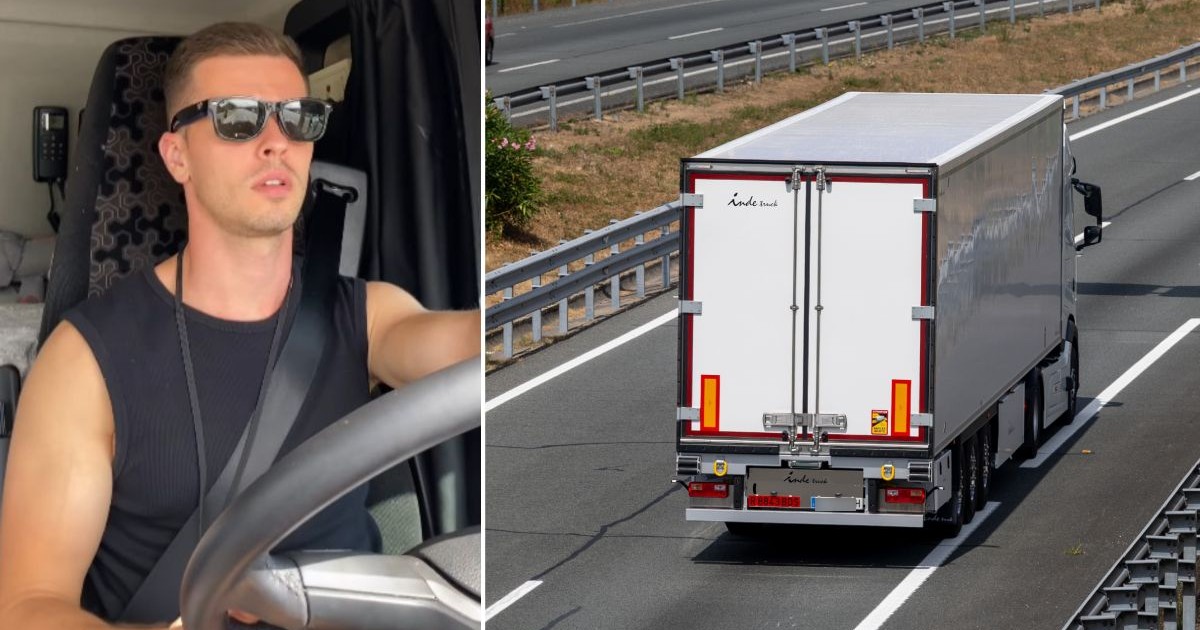 Imaginea este un colaj din două fotografii, în stânga este un tânăr cu ochelari, îmbrăcat un cu tricou negru, care poartă ochelari negri și se află șa volan, iar în dreapta, este un camion alb care circulă pe o autostradă cu mai multe benzi