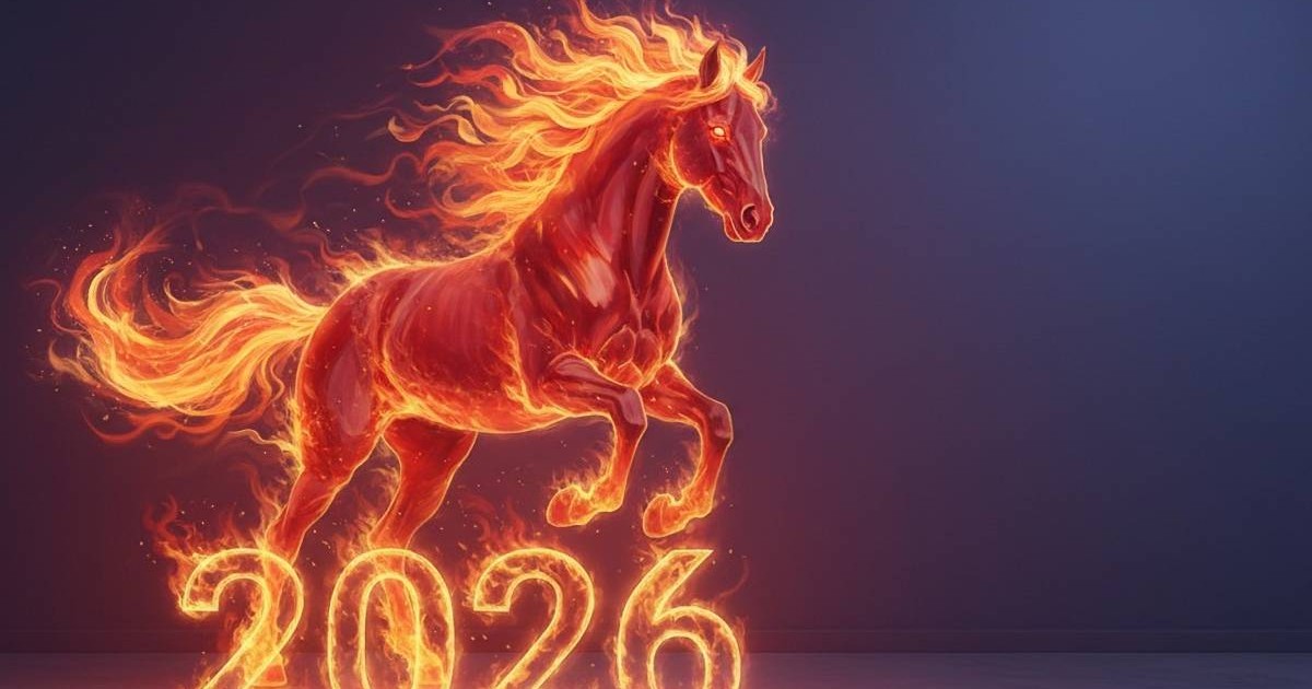 Imagine generata cu AI cu un cal de foc pe un fundal albastru si cu 2026 scris tot din foc