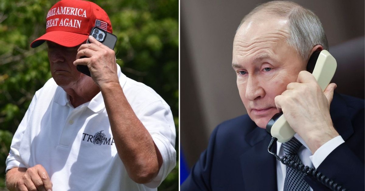colaj imagini Donald Trump, cu o șapcă roșie MAGA și un tricou alb, vorbind la telefon (stânga) și Vladimir Putin, îmbrăcat la costum, vorbind la un telefon fix alb (dreapta)
