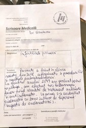 Scrisoare medicală semnată de dr. Anca Moisa, care a avut-o în grijă pe pacientă