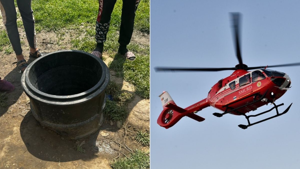 Colaj foto cu două fotografii. În partea stângă gura de canal din Ghidigeni, Galați în care a căzut copilul, iar în partea dreapta un elicopter SMURD, de culoare roșie, care zboară