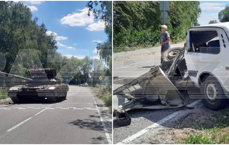 Un tanc al armatei ruse a strivit o mașină într-un sat din Belgorod, lângă granița cu Ucraina. Șoferul a murit pe loc: „Erau nebuni, toți râdeau”