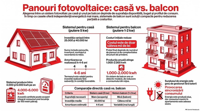 Panouri fotovoltaice casă vs balcon. Infografic realizat cu ajutorul Inteligenței Artificiale