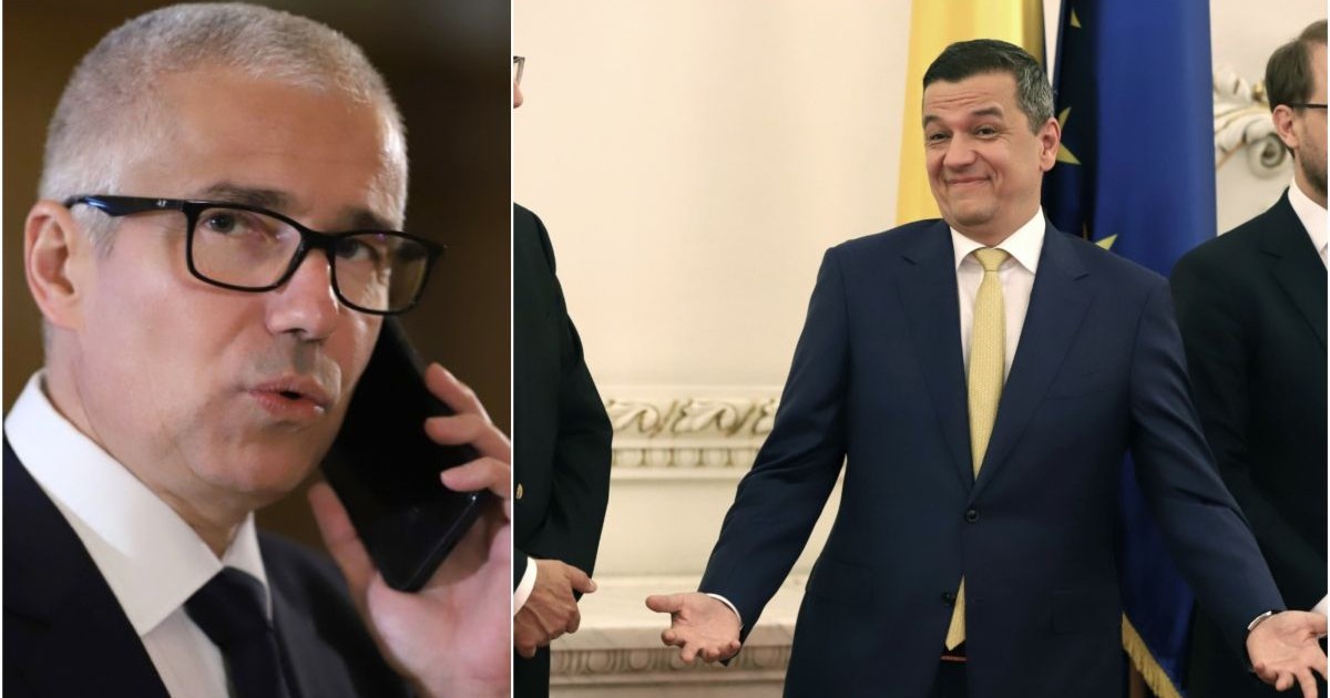Un colaj foto, în care în partea stângă este ministrul Justiției, Radu Marinescu, vorbind la telefon, iar în partea dreaptă este șeful PSD, Sorin Grindeanu, care zâmbește ironic