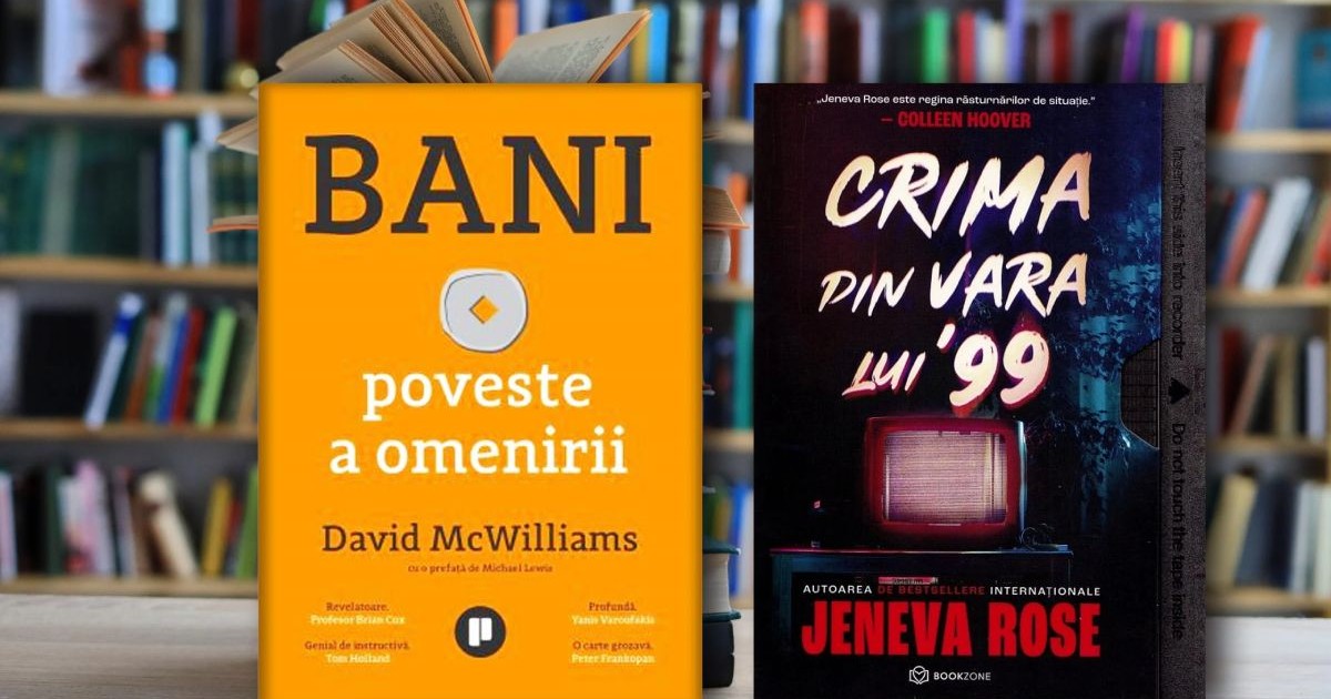 Colaj foto cu cele două cărți prezentate în Porția de Carte, iar pe fundal o bibliotecă