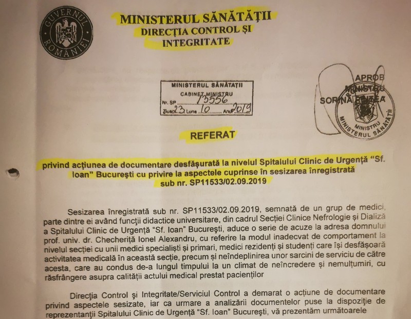Raportul Corpului de Control al Ministerului Sănătății este datat 23 octombrie 2019