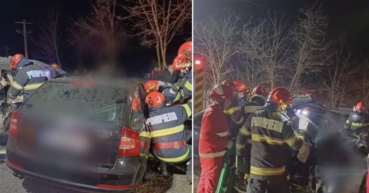 colaj foto format din 2 fotografii care arată rămășițele unei mașini negre marca Skoda Fabia după un accident