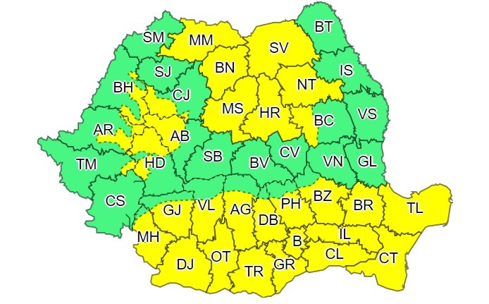 Harta zonelor vizate de cod galben. Sudul țării se află sub avertizare de vânt puternic, în timp ce partea de nord e sub avertizare de ninsori