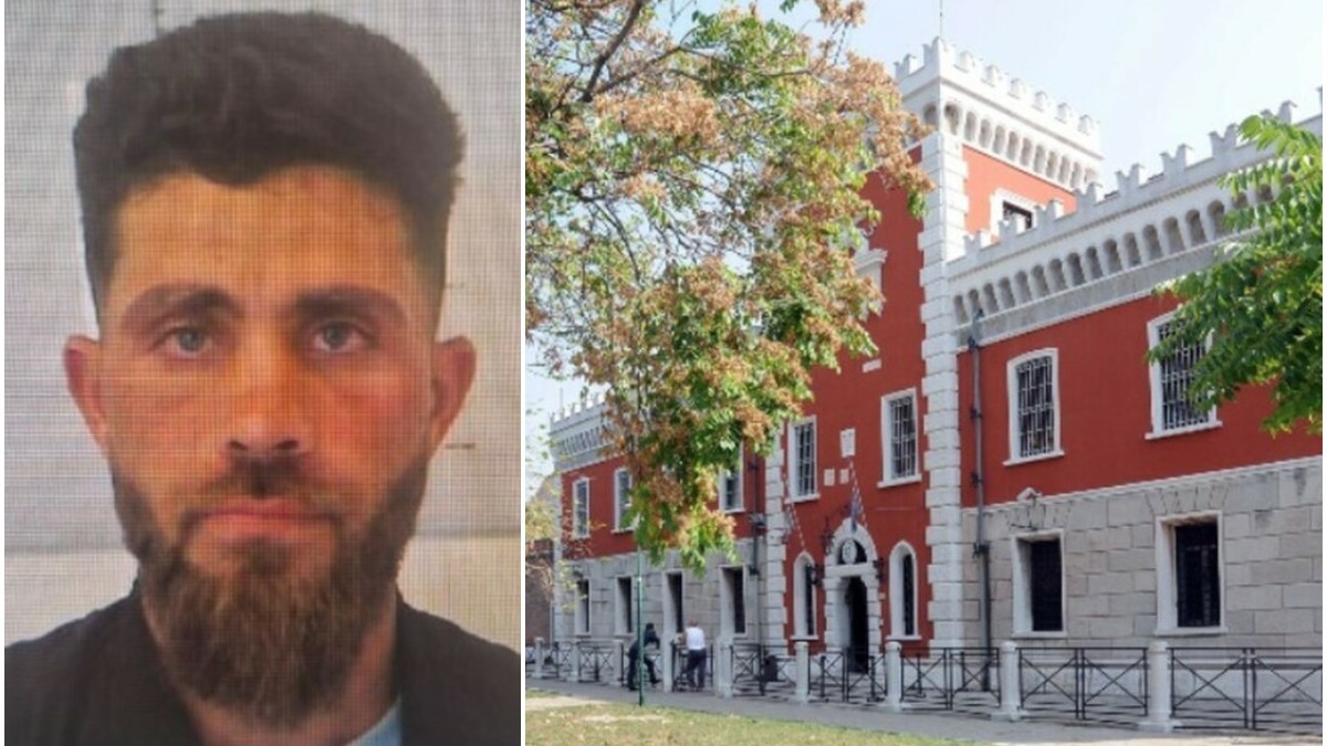 Colaj ce alătură portretul unui bărbat tânăr cu barbă, în partea stângă, și fațada unei clădiri roșii cu arhitectură istorică și turnuri fortificate, în partea dreaptă