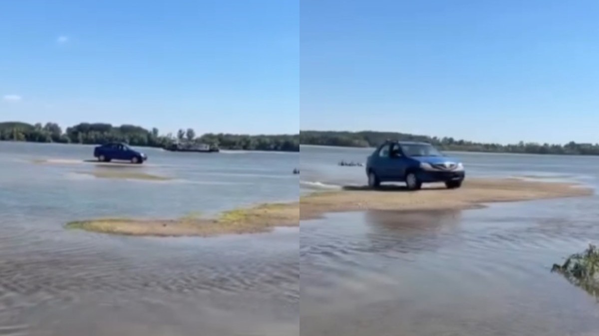 Un șofer a condus un Logan prin Dunărea secată. Sursă foto: Captură video Facebook/ Teleorman News.