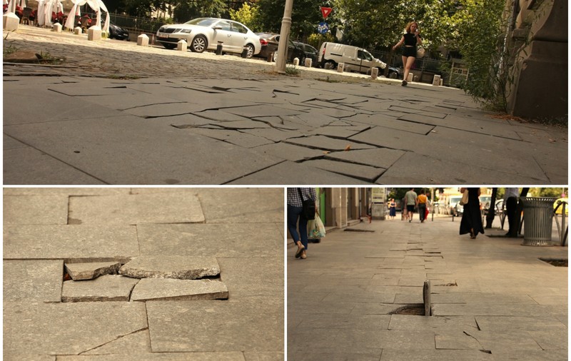 Trotuarele-capcană din centrul Capitalei. Pericolul care îi pândește pe pietoni la fiecare pas