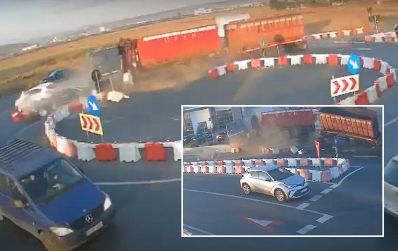 Video cu momentul în care un camionagiu intră cu viteză nebună în sensul giratoriu de la Lețcani, îl distruge, apoi TIR-ul se răstoarnă