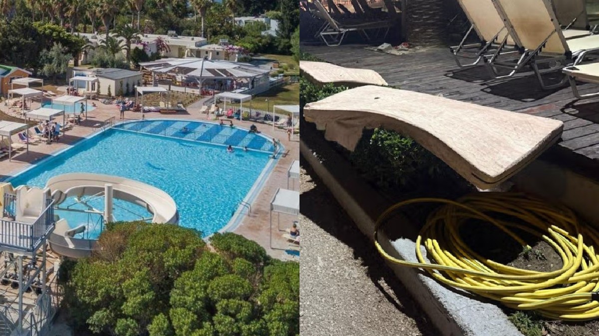 Colaj: un hotel cu piscina si tobogane// niste sezlonguri arse de soare cu saltele aruncate