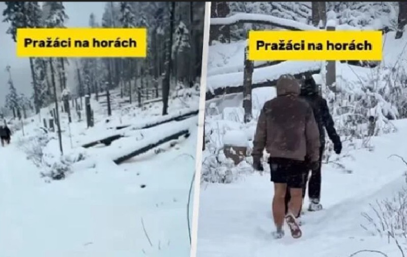 Tânăr filmat în drumeție în șort și adidași, în Munții Tatra: „Orășenii, la zăpadă” | VIDEO