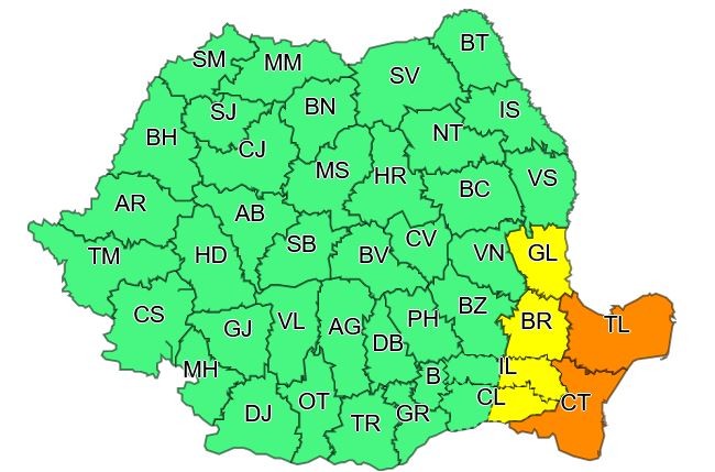 Harta zonelor vizate de cod galben și cod portocaliu