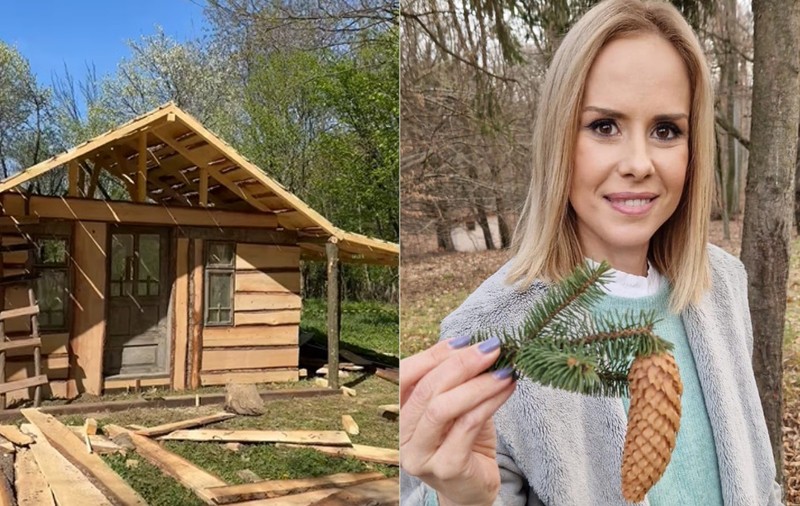 Imagini cu cabana din pădure pe care și-o construiește Mihaela Bilic pe Valea Prahovei. N-are curent sau gaze: „Până de Paște mă mut”