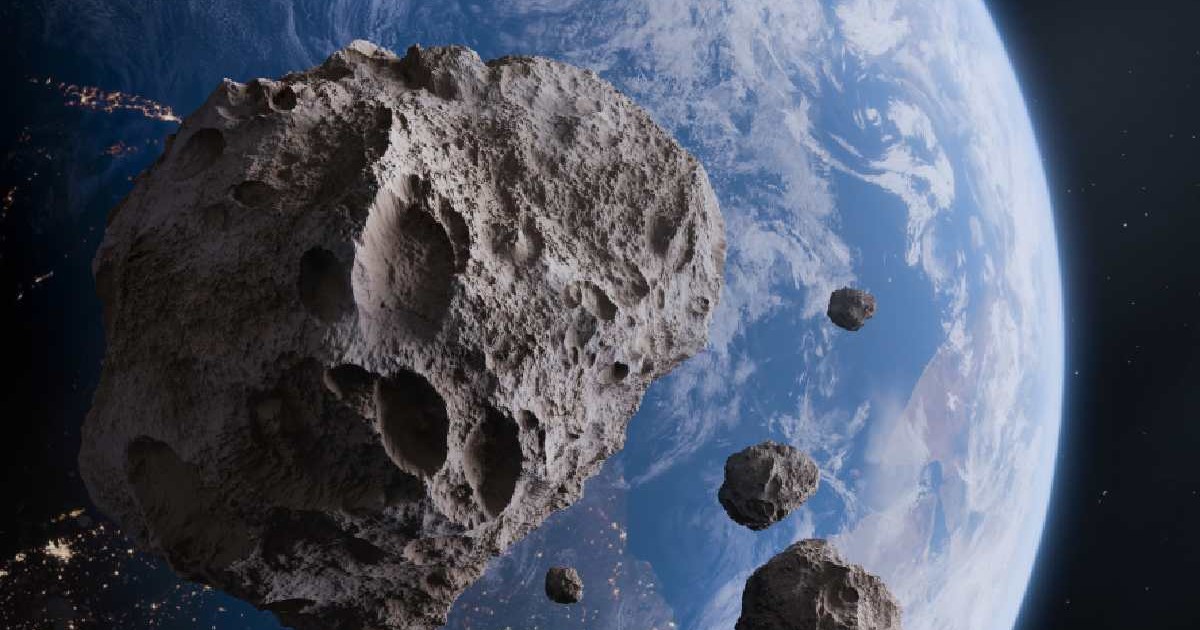 Pământ albastru și asteroizi în spațiu.