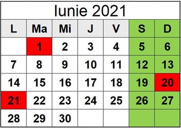 Zile libere iunie 2021- calendar