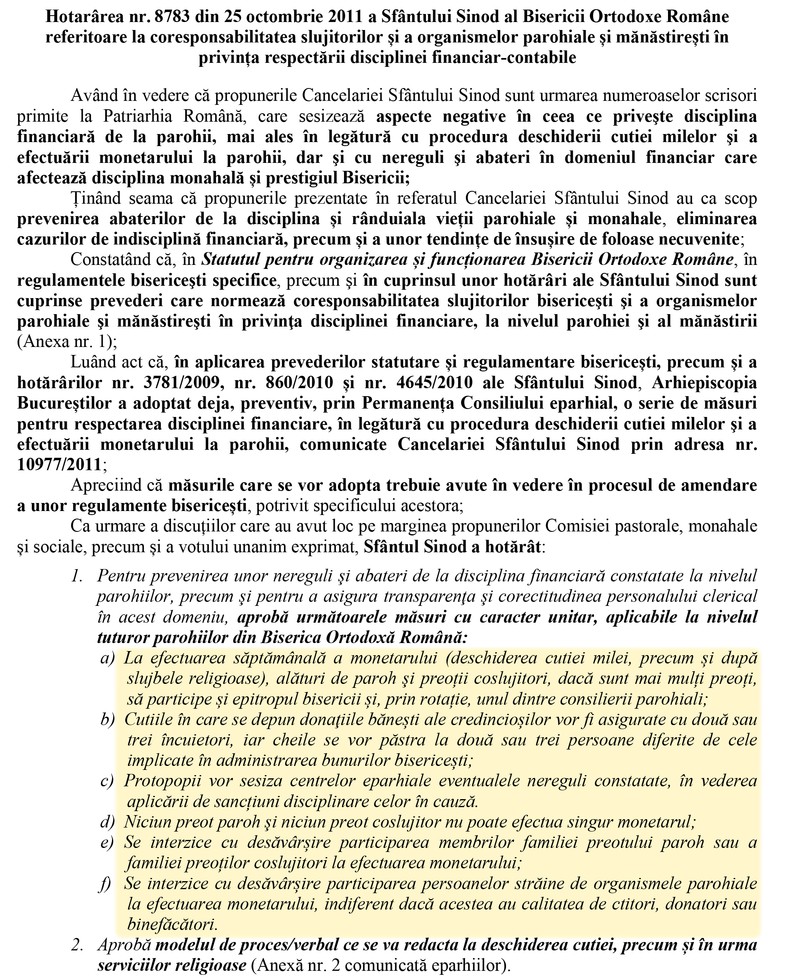 Comunicare către Parohii prin care erau informate despre regulile de deschidere a cutiei milei.