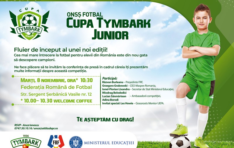 ONSȘ Fotbal - Cupa Tymbark Junior. Fluier de început al unei noi ediții. Cea mai mare întrecere la fotbal pentru elevii din România este din nou gata să descopere campioni.