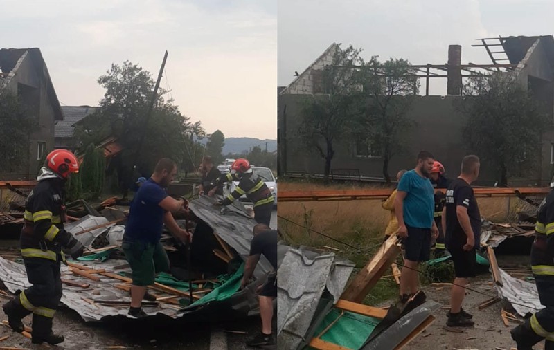 Furtunile au făcut prăpăd în Maramureș: un acoperiș a fost smuls și aruncat în mijlocul drumului, iar mai mulți copaci au fost doborâți la pământ