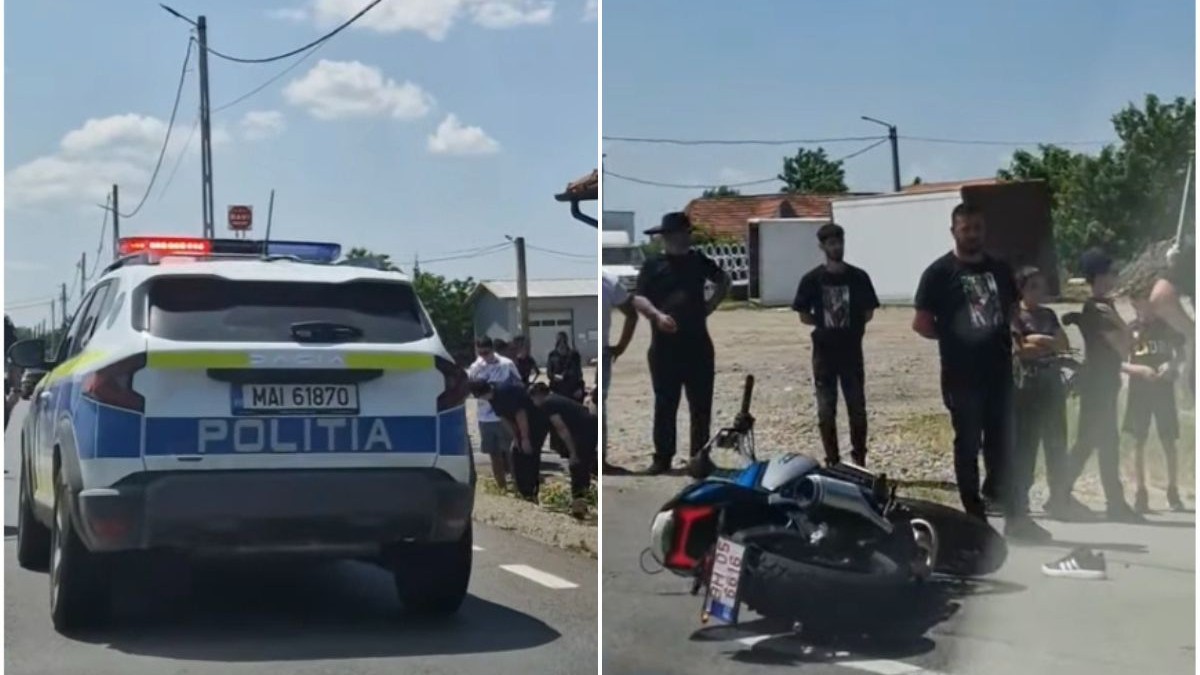 Accidente în lanț la Oradea - mașină de poliție și motocicletă pe asfalt