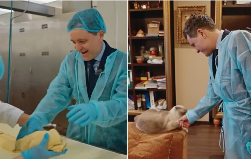 Cu bonetă și halat, Nicușor Dan frământă cozonaci la o fabrică de panificație