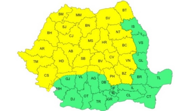 Județele din România aflate sub cod galben de furtuni în cursul zilei de 29 mai. Foto: ANM