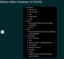De la pate de ficat și fasole cu cârnați până la tocăniță de porc, cafea și batoane energizante. Așa arată meniul nr. 6 al unei rații individuale de luptă a Armatei Române, care include și un dispozitiv pentru încălzirea hranei. Sursă foto: captură OLX