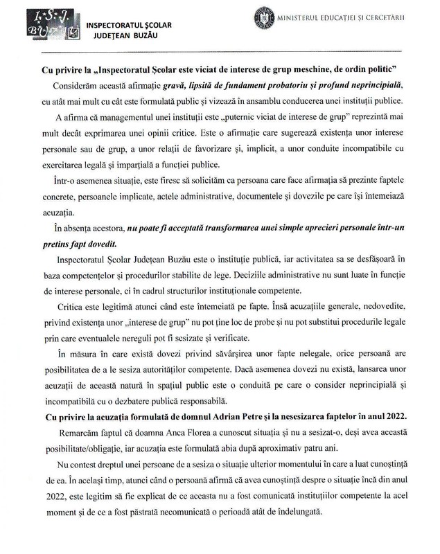 Răspuns al Inspectoratului Județean Buzău nr. 10655