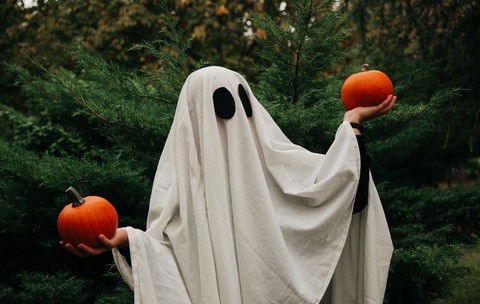 O persoană îmbrăcată în costum de fantomă ține dovleci în aer liber