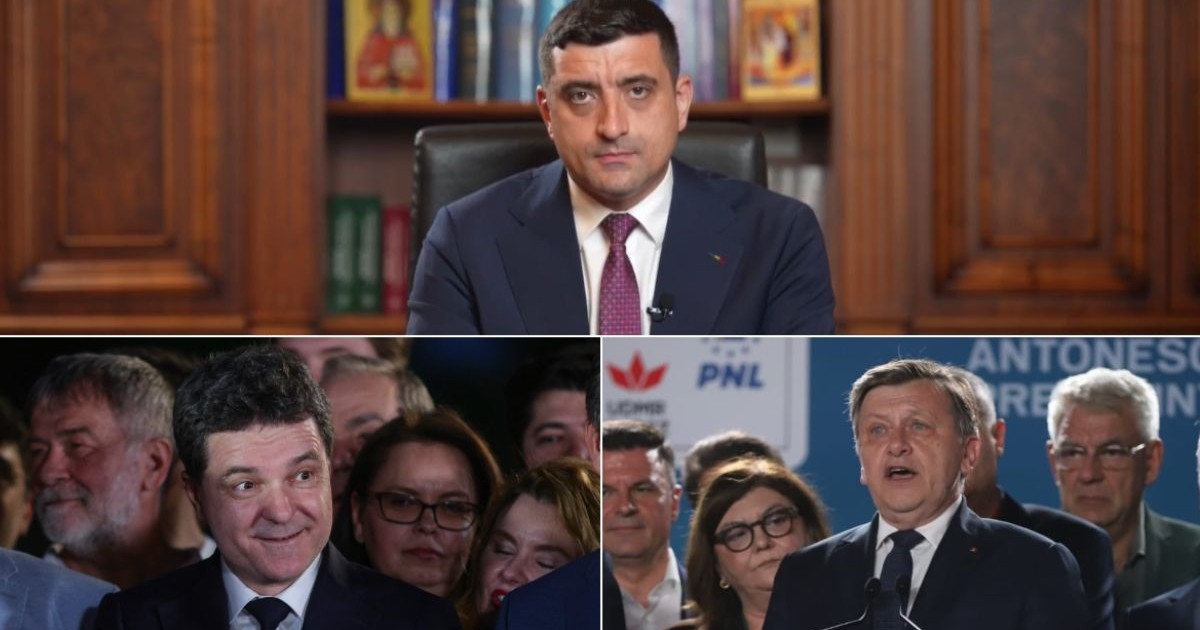 Colaj foto cu George Simion, în partea de sus, Nicușor Dan în stânga-jos și Crin Antonescu, dreapta-jos