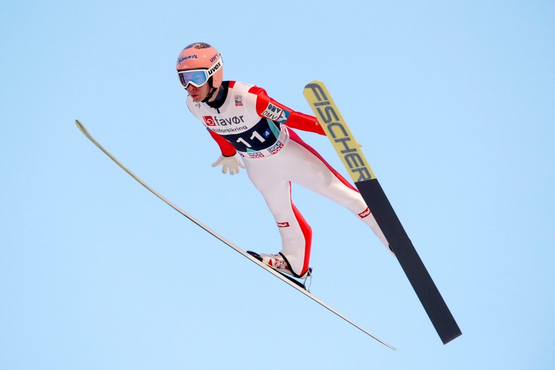 epa05856682 Austria´s Stefan Kraft in action during his new world record flight of 253,5 meters during the FIS Ski Jumping World Cup, Men´s Team HS225 in Vikersund, Norway, 18 March, 2017. EPA/Terje Bendiksby NORWAY OUT