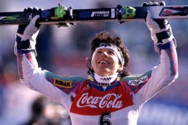 ARCHIVE PHOTO: Vreni SCHNEIDER will be 60 years old on November 26, 2024, Vreni SCHNEIDER, SUI, Switzerland, winner in the giant slalom, award ceremony, jubilation, cheering, rejoices, jubilation, celebration, joy, enthusiasm, here at the Ski World Championships in Saalbach-Hinterglemm, AUT, 01.02.1991, ?,Image: 935900062, License: Rights-managed, Restrictions: picture alliance / SvenSimon, Model Release: no