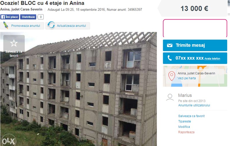 Un bloc întreg se vinde cu 13000 de euro în Anina