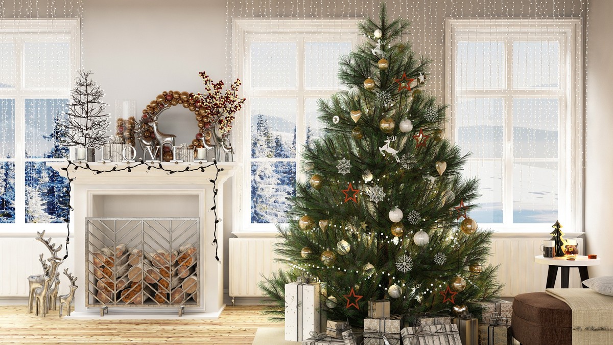 Reduceri la Magazinul de Crăciun de pe Aloshop în oferta de astăzi, 7 decembrie - Imagine cu o cameră de zi frumos decorată de sărbători cu un brad de Crăciun printre altele