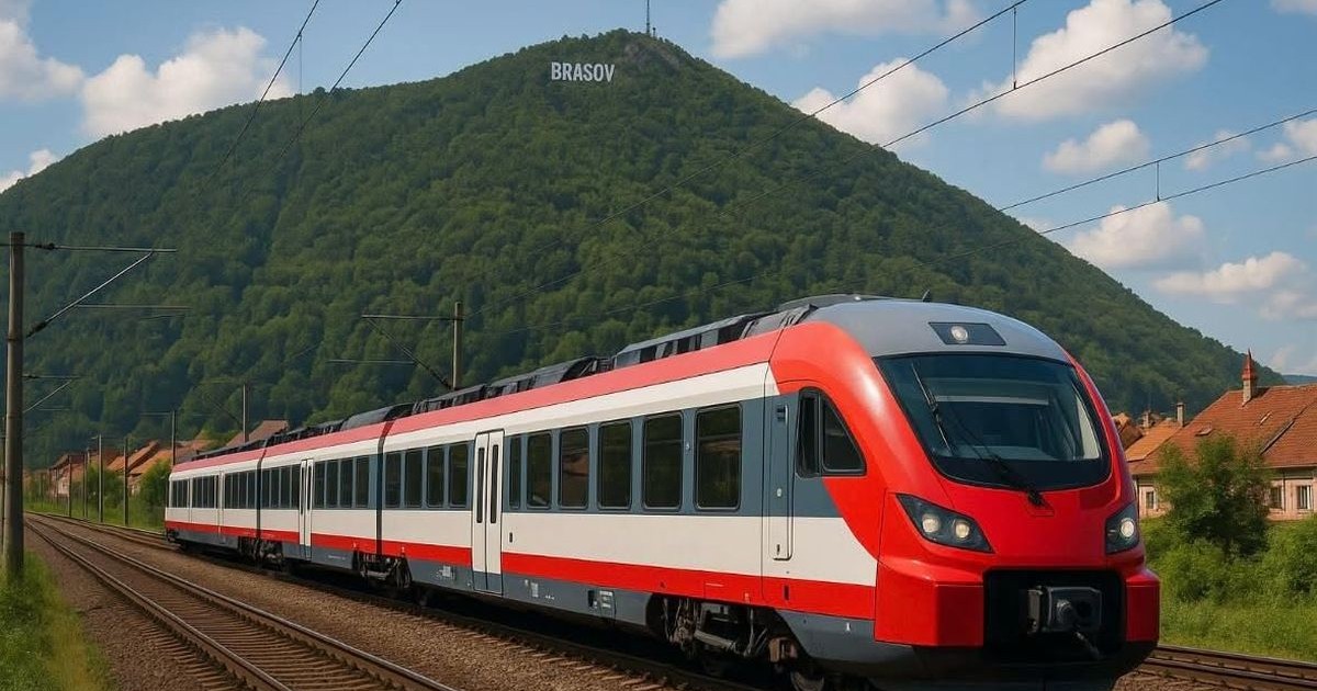 Un tren circulă având pe fundal muntele Tâmpa din Brașov