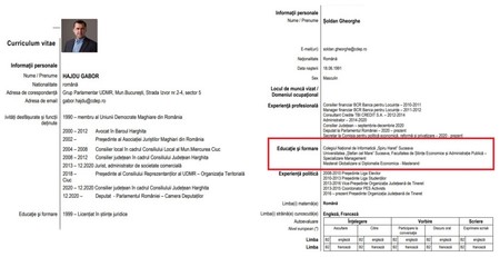 CV-ul lui Gabor Hajdu, încheiat cu „licențiat în științe juridice”, și cel al lui Gheorghe Șoldan, din care lipsesc anii de studiu