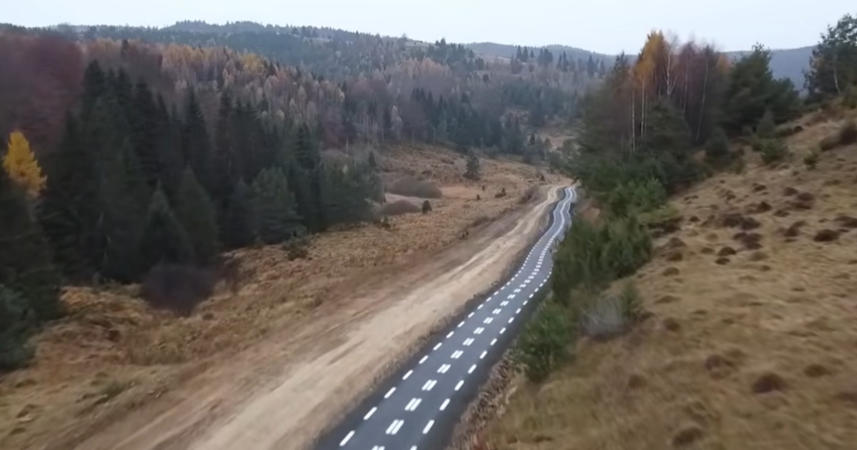 Imagine văzută de sus cu o pistă de biciclete, înconjurată de brazi