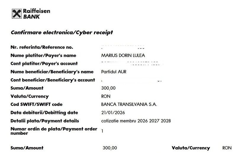 Marius Lulea a transmis Libertatea documentul original prin care justifică plata cotizației de 300 de lei pentru anii 2026-2028, adică 100 de lei anual. Libertatea a anonimizat datele bancare