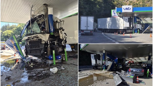 Colaj din trei cadre ce prezintă urmările unui accident spectaculos, în care un camion a intrat în structura unei benzinării, distrugând cabina vehiculului și pompele de alimentare.