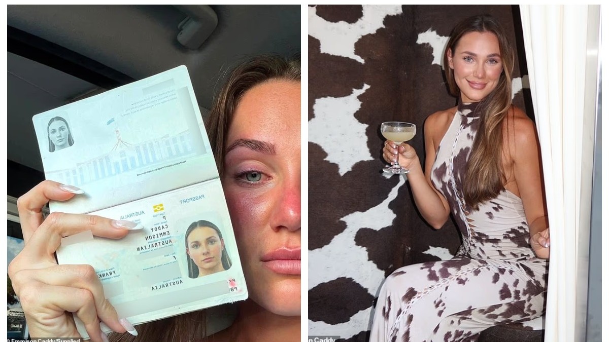 Un colaj realizat din două fotografii: cea din stânga cu Emmison plângând ținănd pașaportul în mână, cea din dreapta Emmison zâmbește cu un pahar de băutură în mână.