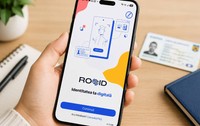 O mână ține un smartphone pe ecranul căruia este deschisă aplicația ROeID, cu mesajul „Identitatea ta digitală”. Pe masă, în fundal, se află o carte de identitate românească.