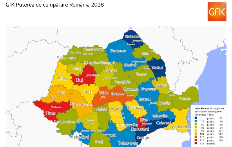 Studiu: Puterea de cumpărare a românilor a crescut în 2018, dar și diferențele între regiuni. Cum arată harta dezvoltării României